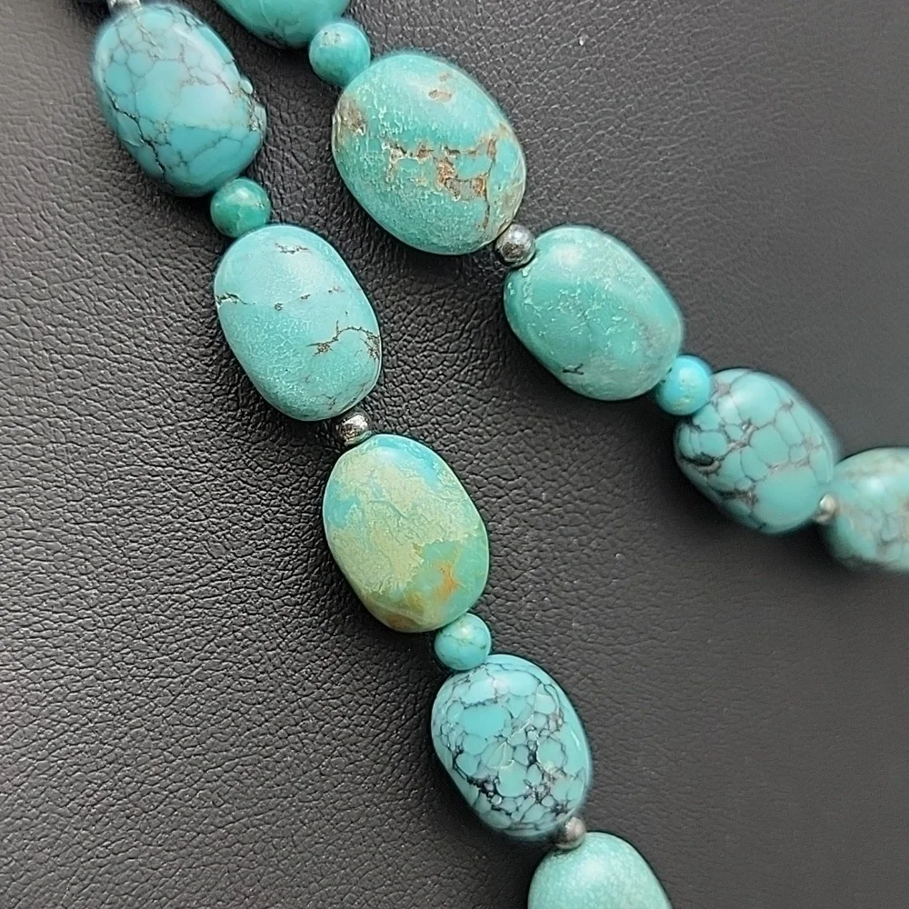 Genuine Turquoise 925 Sterling Silver Hematite Beaded Necklace 11x14mm Beads